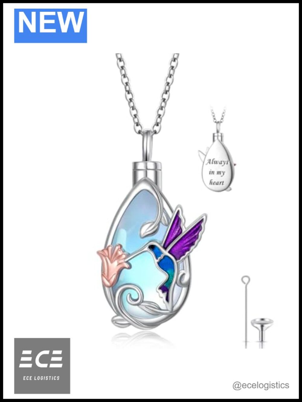 Sterling Silver Hummingbird Urn Necklace for Ashes 18+2 Memorial Cremation